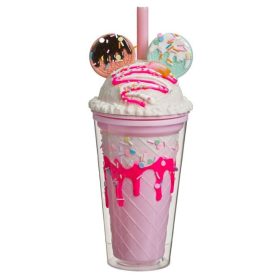   Duplafalú Műanyag Pohár Szívószállal és Fedéllel, Jégkása és Keksz Mintával, 450ml