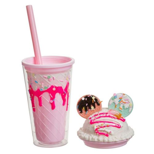 Duplafalú Műanyag Pohár Szívószállal és Fedéllel, Jégkása és Keksz Mintával, 450ml