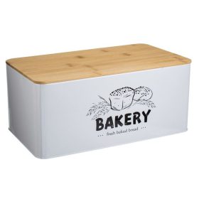   Fémdoboz kekszeknek, téglalap alakú, fehér, fa tetővel, "Bakery", 31x17x13,5 cm