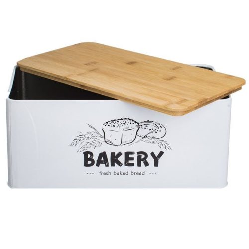 Fémdoboz kekszeknek, téglalap alakú, fehér, fa tetővel, "Bakery", 31x17x13,5 cm