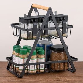 Kétszintes fekete fém polc fa fogantyúval, 22x14x26 cm