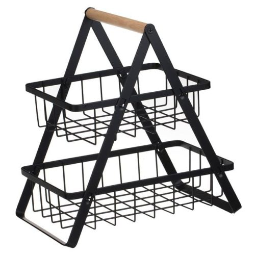 Kétszintes fekete fém polc fa fogantyúval, 22x14x26 cm