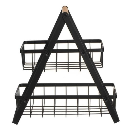 Kétszintes fekete fém polc fa fogantyúval, 22x14x26 cm