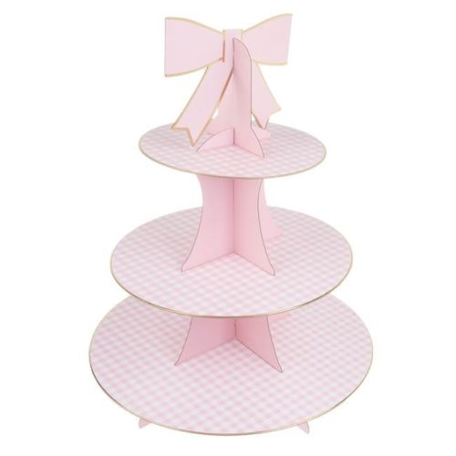 3 Szintes Süteménytartó Állvány, Rózsaszín Kockás, 39,5 cm