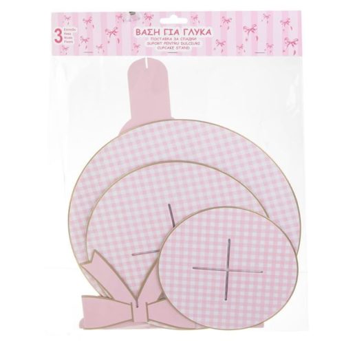 3 Szintes Süteménytartó Állvány, Rózsaszín Kockás, 39,5 cm