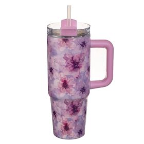   Rózsaszín Virágmintás Rozsdamentes Acél Termosz Bögre Fogantyúval, 900ml