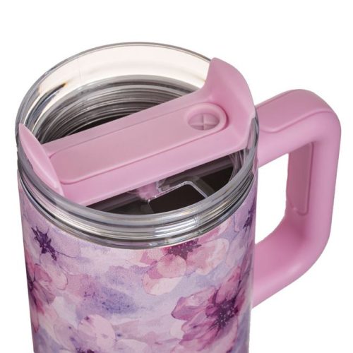 Rózsaszín Virágmintás Rozsdamentes Acél Termosz Bögre Fogantyúval, 900ml