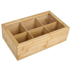   Bambusz Teatartó Doboz 6 Rekesszel és Üvegablakos Fedéllel, 30x18x9 cm