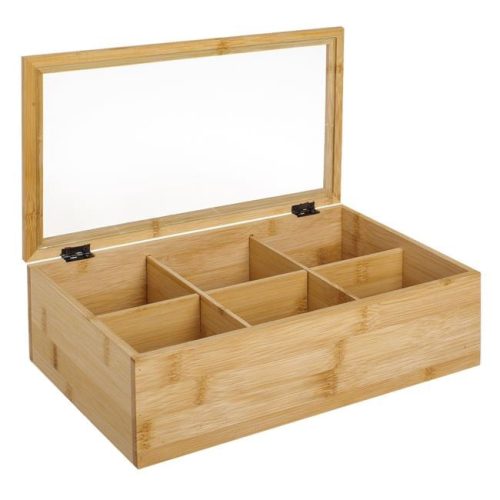 Bambusz Teatartó Doboz 6 Rekesszel és Üvegablakos Fedéllel, 30x18x9 cm