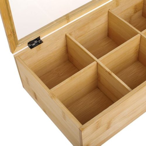 Bambusz Teatartó Doboz 6 Rekesszel és Üvegablakos Fedéllel, 30x18x9 cm