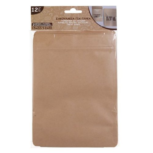 Karácsonyi Kraft tasak szett simítózárral és ablakkal édességeknek, 15x22cm és 12x20cm - 12db