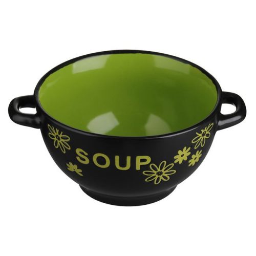 Fekete-Zöld „Soup” Kerámia Leveses Tál Fogantyúval, 700ml