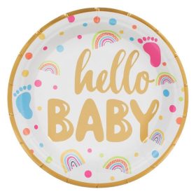   Hello Baby Feliratos Papírtányér Baby Showerre - Fehér, Arany Fóliás, 18 cm - 6 db