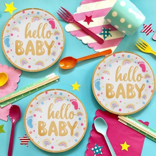 Hello Baby Feliratos Papírtányér Baby Showerre - Fehér, Arany Fóliás, 18 cm - 6 db