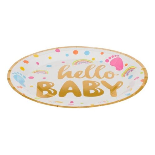 Hello Baby Papírtányér Babaváró Bulira - Fehér és Arany Fóliás - 23cm - 6 db