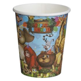  Dzsungel Állatos Papírpohár "Happy Birthday" Felirattal, 240ml - 6db