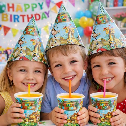 Dzsungel Állatos Papírpohár "Happy Birthday" Felirattal, 240ml - 6db