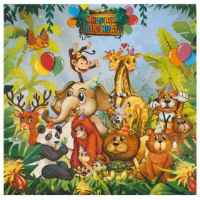   2 rétegű szalvéta dzsungel állatos mintával, "Happy Birthday" felirattal 33x33cm - 12 db