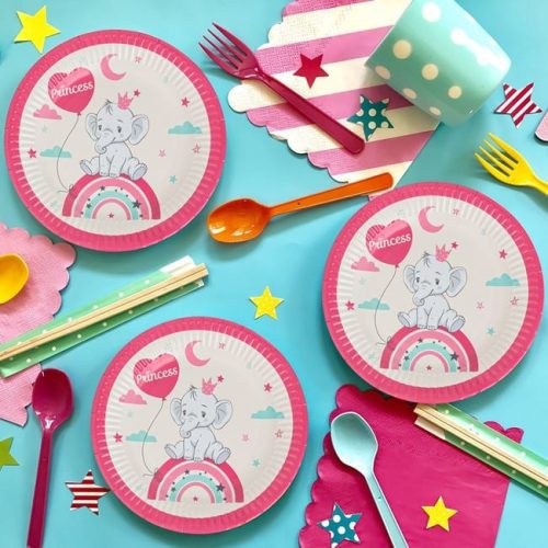 Papírtányér Készlet - Bézs, Rózsaszín, Elefánt és Szivárvány Princess Ø23cm - 6db
