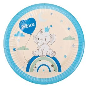   Bézs és Kék Elefántos Papírtányér Szett - Szivárvány és Herceg Mintával, 18cm - 6 db