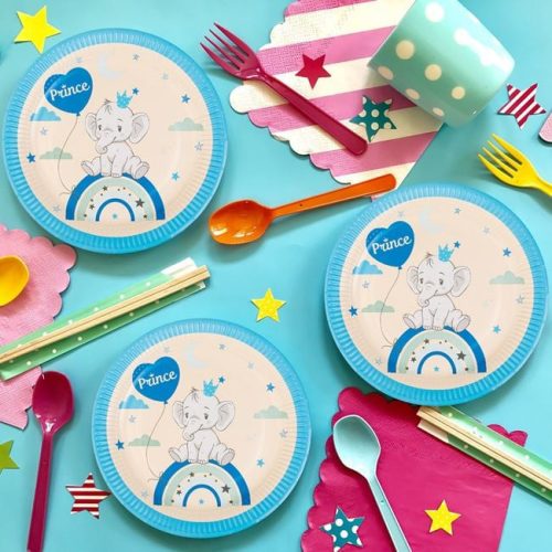 Bézs és Égszínkék Elefántos Papírtányér Szett - Szivárvány és Prince Felirat, 23 cm - 6 db