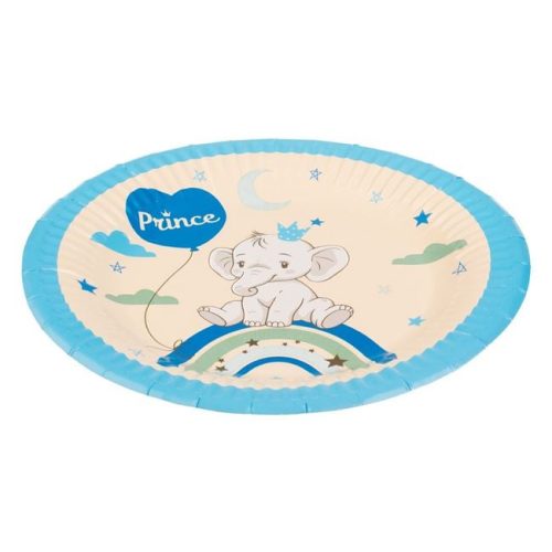 Bézs és Égszínkék Elefántos Papírtányér Szett - Szivárvány és Prince Felirat, 23 cm - 6 db