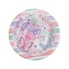 Papírtányér Készlet „Happy Birthday” Pillangós Mintával, Fehér-Rózsaszín-Mentazöld, 18 cm - 12 db