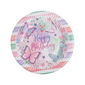   Papírtányér Készlet „Happy Birthday” Pillangós Mintával, Fehér-Rózsaszín-Mentazöld, 18 cm - 12 db