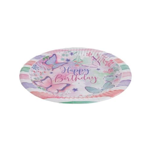 Papírtányér Készlet „Happy Birthday” Pillangós Mintával, Fehér-Rózsaszín-Mentazöld, 18 cm - 12 db