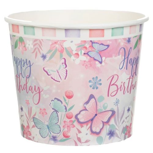 Papír Snack Pohár - Pillangós Happy Birthday Minta - Rózsaszín és Mentazöld - 1,8L