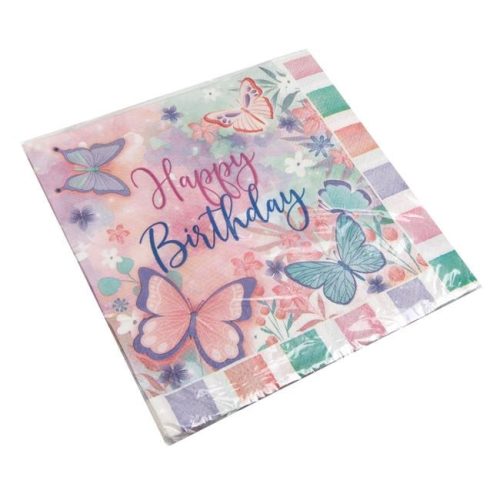 2 rétegű szalvéta Pink és Mentazöld Pillangók "Happy Birthday" 33x33cm - 20db