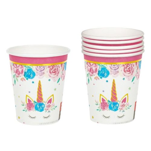 Unikornis Virágos Party Papírpohár Arany Fóliával 240ml - 6db