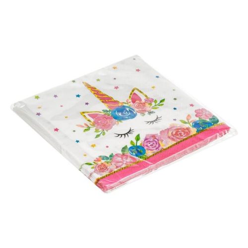2 rétegű unikornisos szalvéta pasztell virágokkal és arany fóliával 33x33cm - 12db
