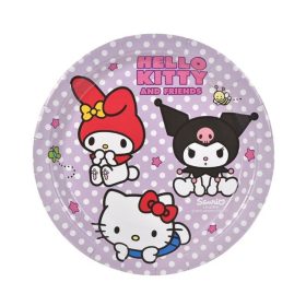   Lila pöttyös Hello Kitty & Kuromi karton papírtányér szett - 18 cm, 6 db