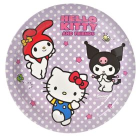   Lila pöttyös Hello Kitty és Kuromi papírtányér szett - 23 cm, 6 db