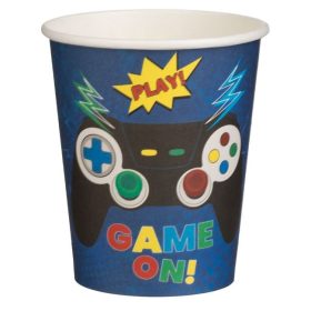   Kék „Game On” Gamer Kontroller Mintás Papírpohár - 240ml, 6 db