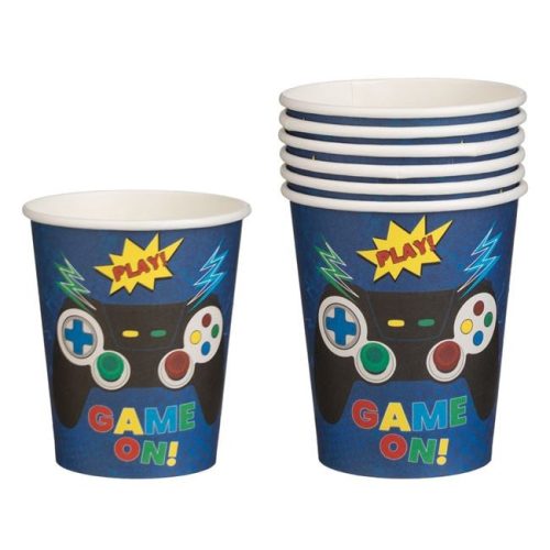 Kék „Game On” Gamer Kontroller Mintás Papírpohár - 240ml, 6 db