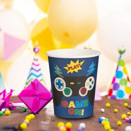 Kék „Game On” Gamer Kontroller Mintás Papírpohár - 240ml, 6 db