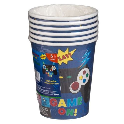 Kék „Game On” Gamer Kontroller Mintás Papírpohár - 240ml, 6 db
