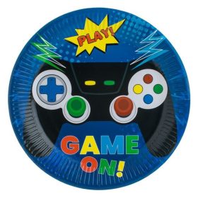   Kék „Game On” Játékkonzol Mintás Parti Tányér - 23 cm, 6 db