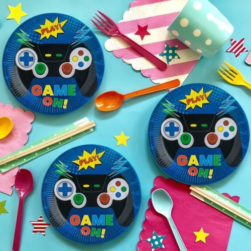 Kék „Game On” Játékkonzol Mintás Parti Tányér - 23 cm, 6 db