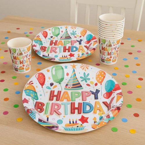 Ecru Papír Party Pohár Szett - Lufik, Ajándékok és Sütemények „Happy Birthday” 240ml - 12db
