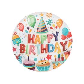   Ecru Papír Partitányér Szett - Lufik, Ajándékok és Édességek "Happy Birthday" felirattal, Ø18cm - 12db