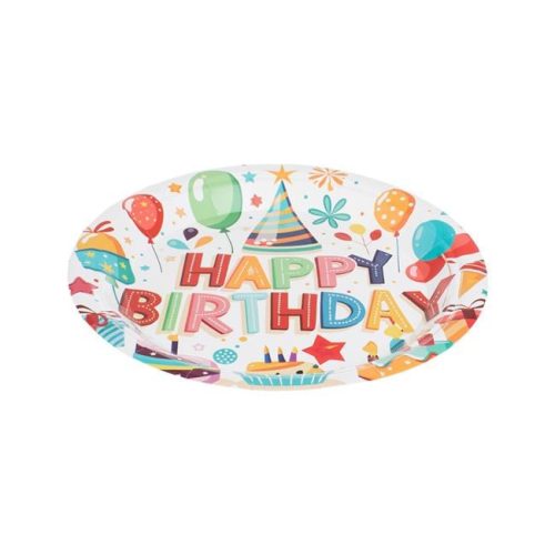 Ecru Papír Partitányér Szett - Lufik, Ajándékok és Édességek "Happy Birthday" felirattal, Ø18cm - 12db
