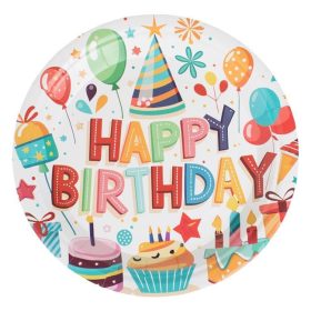  Ecru Papír Party Tányérok „Happy Birthday” Léggömb és Ajándék Mintával Ø23cm - 12db