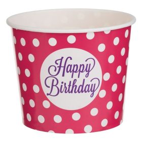  Fukszia Pöttyös Papír Snack Tároló Pohár "Happy Birthday" felirattal - 1.8L