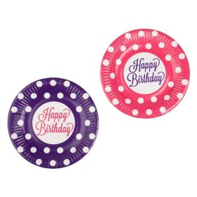   Fukszia és Lila Pöttyös Papírtányér Szett Happy Birthday Felirattal Ø18cm - 12 db