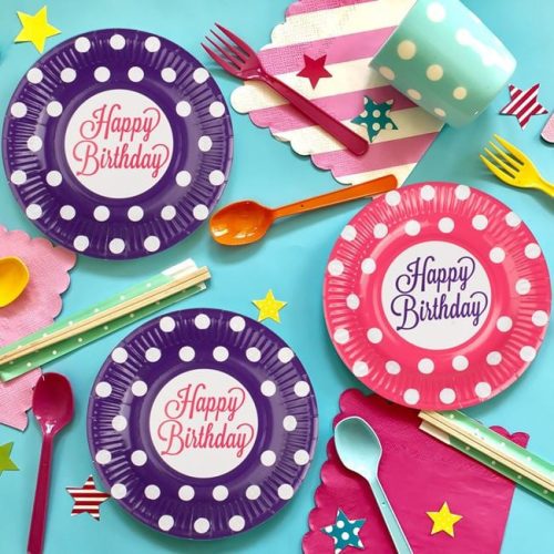 Fukszia és Lila Pöttyös Papírtányér Szett Happy Birthday Felirattal Ø18cm - 12 db
