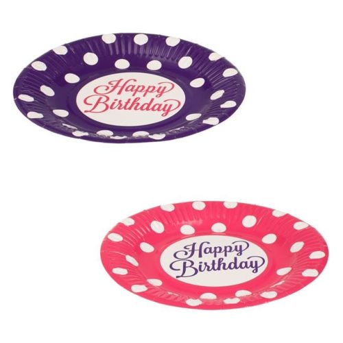 Fukszia és Lila Pöttyös Papírtányér Szett Happy Birthday Felirattal Ø18cm - 12 db