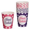 Fukszia és Lila Pöttyös Papírpohár Szett „Happy Birthday” Felirattal 240ml - 12 db